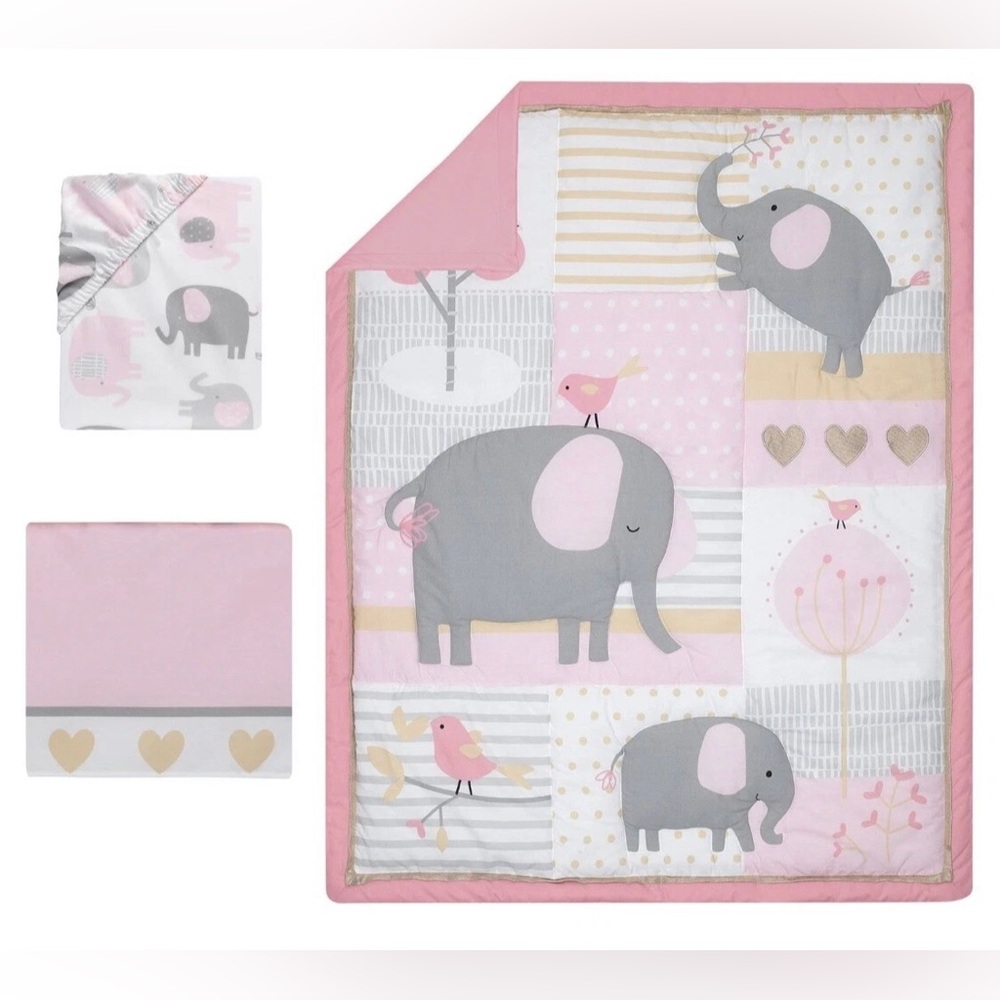Bedtime Originals Eloise 3Pc Crib Bedding Set Elephant Bird Pink Gray Gold White